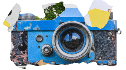 Aged blue camera with flaking paint and landscape view, cut out transparent