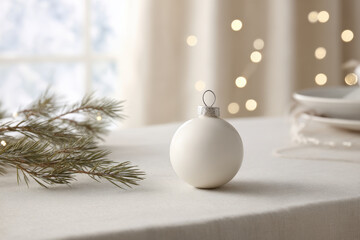 serene christmas scene featuring white ornament resting gracefully on lightcolored table
