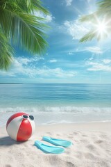 Obraz premium Sea view on a beautiful sunny beach with palm leaves, beach ball, sunglasses, diving fins