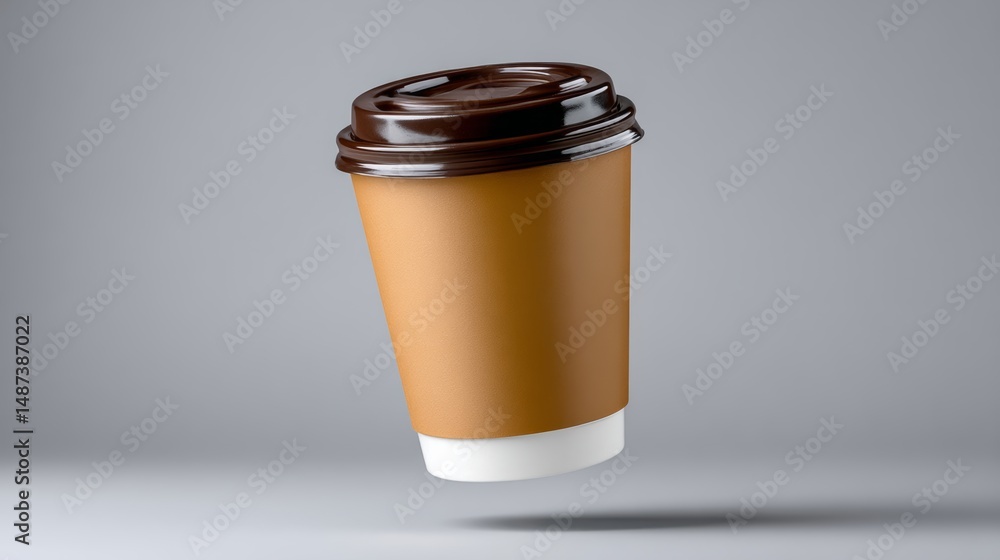 Poster coffee cup with a brown lid and a white handle is floating in the air. the cup is made of paper and 