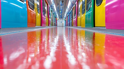 Colorful Train Doors Reflecting in Red Floor