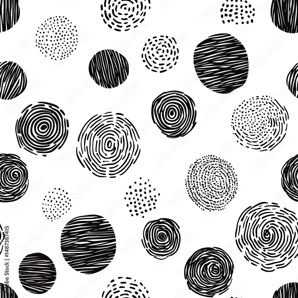 Poster seamless black and white hand drawn abstract circle pattern with textured scribble and dot elements 