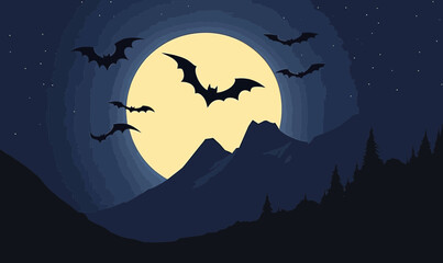 Fototapeta premium Full moon night sky with flying bats silhouetted over mountain ridge with forest in flat minimalist vector style illustration