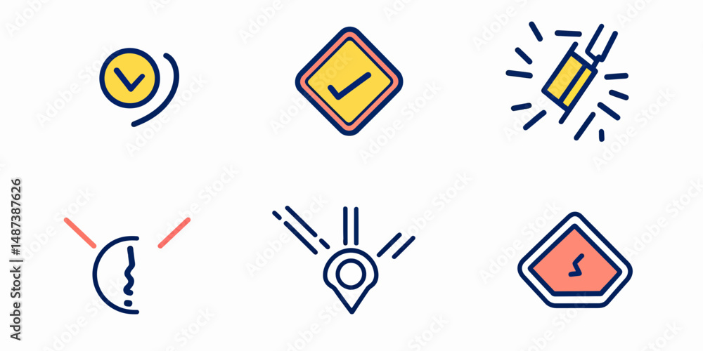 Poster set of four colorful warning and alert icons including clock, check mark diamond, location marker, a