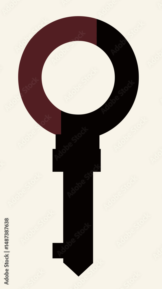 Poster minimalist flat vector illustration of key with round head and dark brown black color on beige backg