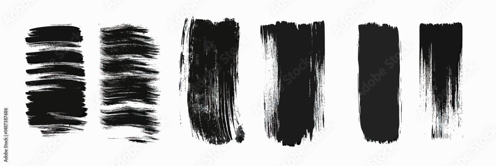Poster set of six black grunge paint brush strokes with distressed texture and uneven edges isolated on whi