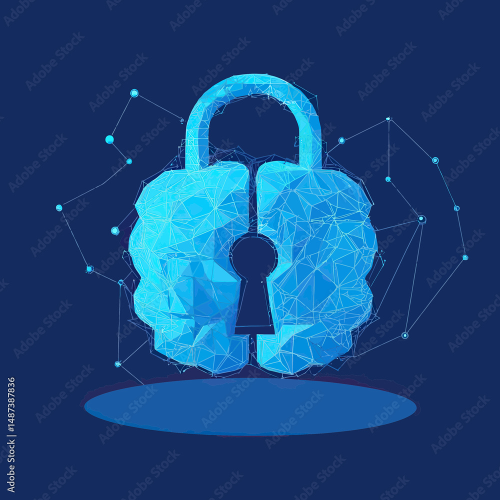 Poster digital blue low poly brain shaped lock with network connections on dark background for cybersecurit
