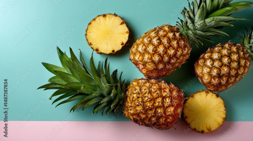 Poster bunch of pineapple slices on a table. one of the slices has been cut in half. concept of freshness a