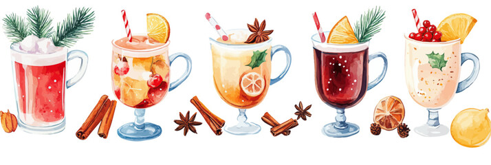 Colorful watercolor illustration of six festive winter hot drinks with spices and seasonal garnishes in glass mugs in flat minimalist vector style