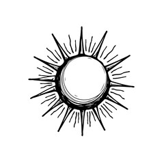 Stylized celestial orb with radiant rays, a hand-drawn design for cosmic themes