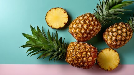 Fototapeta premium Bunch of pineapple slices on a table. One of the slices has been cut in half. Concept of freshness and abundance, as the pineapple slices are displayed in a visually appealing manner