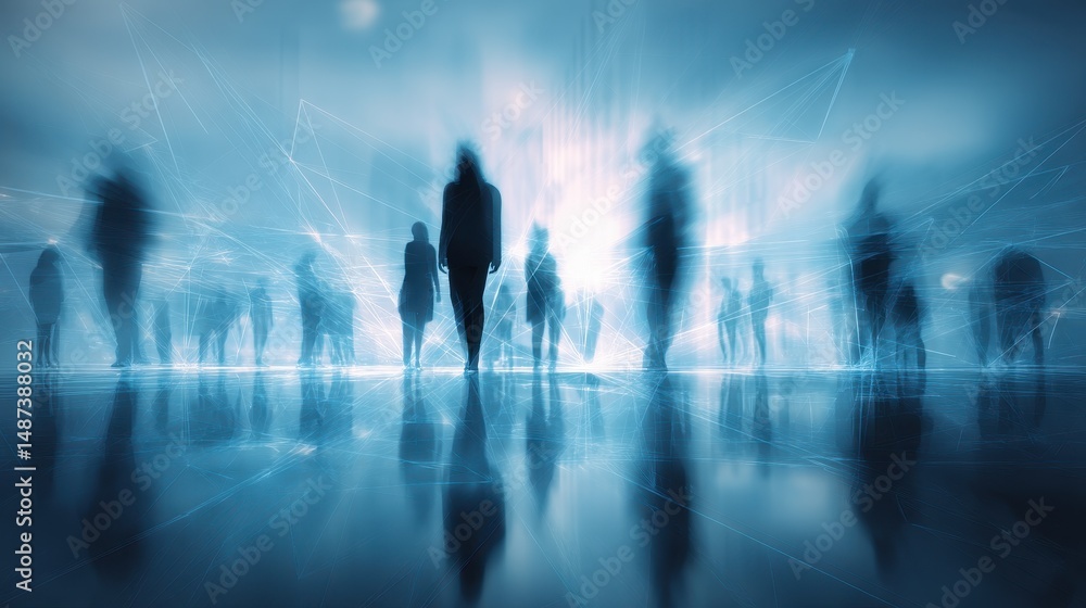 Poster ethereal crowd of silhouettes in a futuristic urban setting with glowing connections and hazy backgr