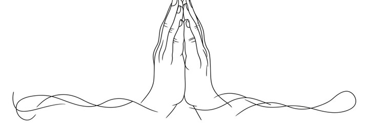 Continuous line art of human hands folded in prayer with subtle flowing ornamental strokes in minimalist black and white vector style suitable for spiritual and religious themes