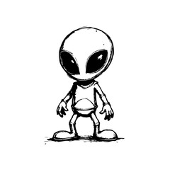 Monochrome alien illustration displaying a fictional extraterrestrial being