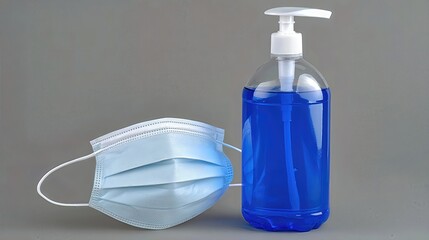 A protective face mask lies beside a clear sanitizer bottle, symbolizing hygiene and safety.
