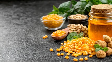 Corn Grains Oil and Nuts on Stone Surface