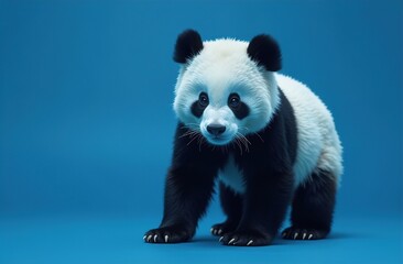 Front view of a panda on a blue background. Little panda