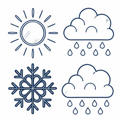Design a vector icon set depicting various weather conditions; sun, rain, snow, wind, clouds, etc., with bold, thick outlines.  High resolution, clean lines.