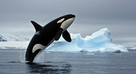 Fototapeta premium Majestic Orca Whale Leaps Gracefully in Antarctic Waters near Icebergs
