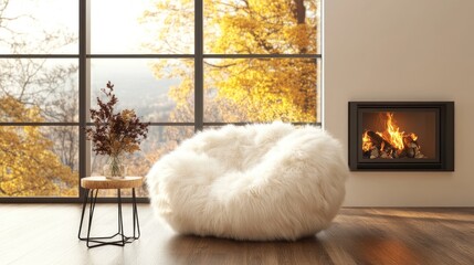 Cozy autumnal living room scene with a plush white armchair.