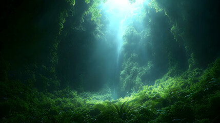 Obraz premium Mystical rainforest scene with sunlight streaming through a hidden canyon, illuminating lush green foliage and a gentle waterfall.