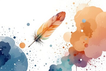 create a watercolor clipart illustration of a delicate feather floating gracefully at the top of the image, set against a crisp white background