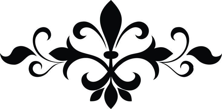 Ornate black floral filigree adornment features symmetrical swirls and fleur de lis elements on white