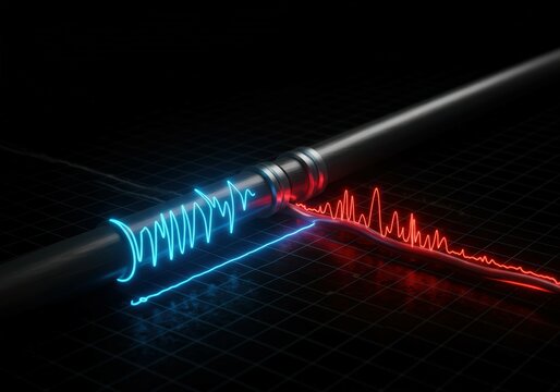 Intriguing Visual Cable Breakage, Neon Blue and Red Signals, Representing Data Transmission Interruption