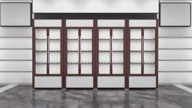 Shop interior with wooden display cabinets, white niches with shelves, lightbox and lighting, hanging banners and marble floor. 3d animation