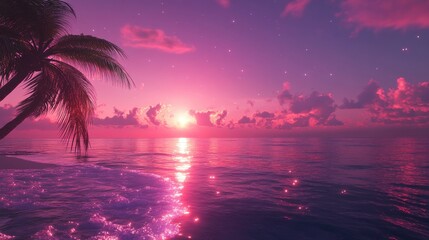 Vibrant neon sunset with purple and pink skies, palm shadows casting on a glittering sea