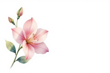Fototapeta premium watercolor clipart illustration of a delicate flower on the left side of the image, with a white background, ample copy space on the right for text or design elements.