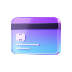 3D credit or debit card icon with purple and blue gradients isolated on a transparent background. Payment method symbol, banking, finance, transaction, online shopping, or digital wallet concept