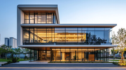 two story modern small industrial minimalist design style office building, incorporate glass elements