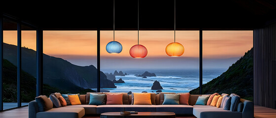 Modern Living Room With Ocean View At Sunset