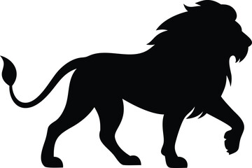 Obraz premium Regal lion silhouette strides confidently across the plain white background, portraying strength