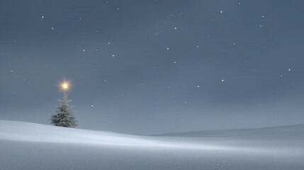 Fototapeta premium solitary star shines brightly against serene christmas landscape surrounded by soft snowflakes and twinkling lights