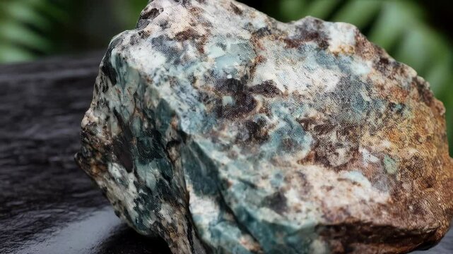 Close-up of a raw polychrome jasper stone, showing brown, white, and turquoise hues with a natural uncut texture on a dark surface.