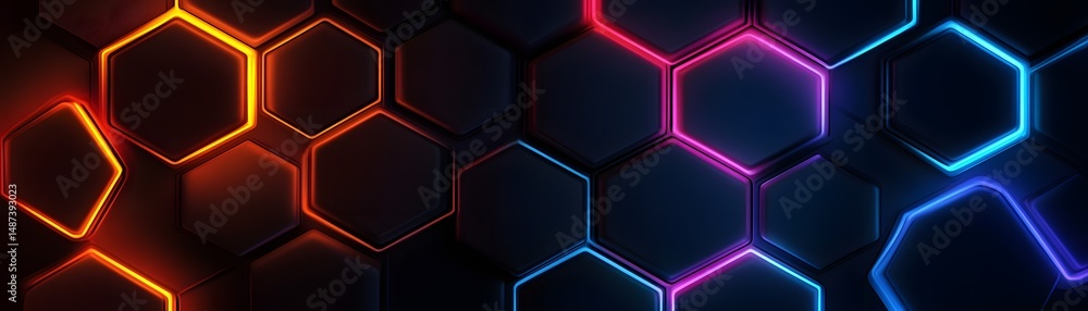 Poster abstract geometric pattern of glowing hexagons.