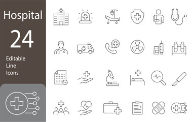Hospital Editable Line Icons Set. doctor, ambulance, treatment, medicine related icons, and more. Vector illustration