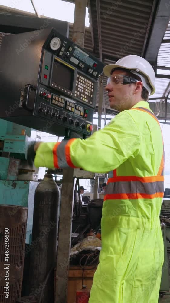 Poster smart factory worker using machine in factory workshop . industry and engineering concept.
