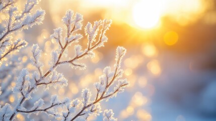 Frost Covered Branches at Sunrise Winter Wonderland Scene