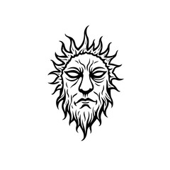 Monochrome stylized sun god with elaborate rays and intricate facial details