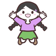 ジャンプするみつあみの女の子のイラスト