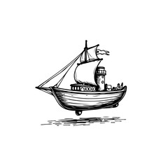 Whimsical nautical vessel illustration in a vintage engraved style with sails