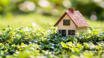 A small, white, wooden house with a red roof and green roof tiles, surrounded by green grass and clover, with a blurred green background.