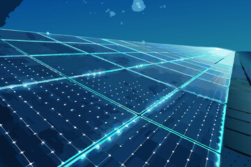 Generate a vibrant, abstract image of a dynamic solar panel pattern, featuring glowing grid lines and a futuristic design aesthetic.  High-resolution, detailed, and visually striking.