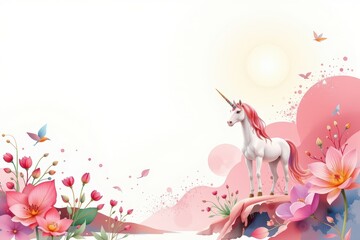Naklejka premium imagine a mesmerizing watercolor clipart illustration set against a pristine white background, the scene depicts a utopia bathed in radiant pink tones, exuding an ethereal and otherworldly beauty