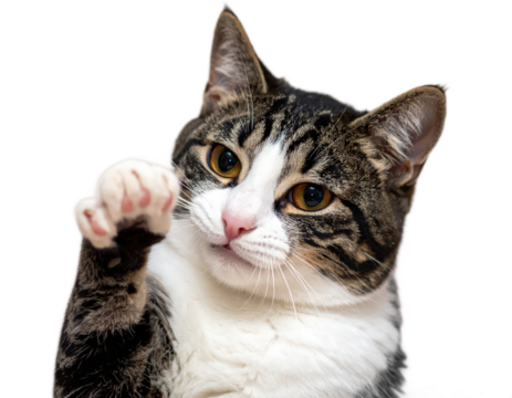 Adorable tabby cat raising paw with curious expression against a plain background showcasing its playful personality and soft fur