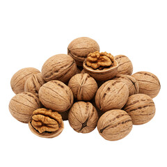 Collection of raw whole and shelled walnuts on transparent background, suitable for diet visuals, healthy eating content, or nut-related branding.