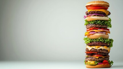 Whimsical burger tower with exaggerated ingredients stacked cartoonishly on a white background